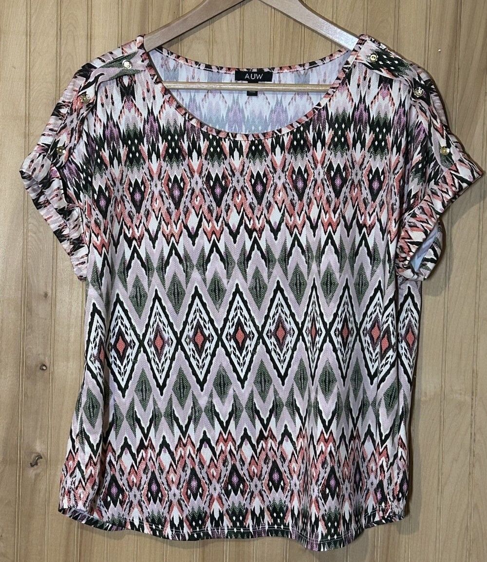 A.U.W Women's Size Large Cuffed Short Sleeve Top Pullover Blouse